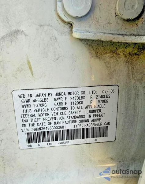 2006 Hond Accord Hyb White z USA, uszkodzony, nr VIN JHMCN36496C00368